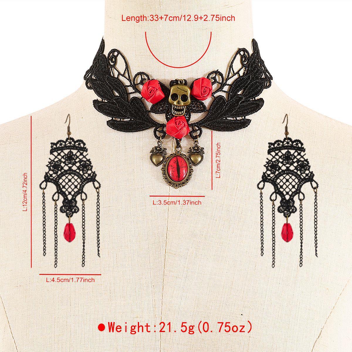 

Хэллоуин Темное кружево Роза Цепь Серьги с бахромой Цепочка на ключицу Набор украшений Женщины