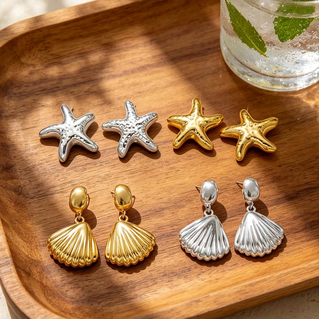 4Pairs/Set Starfish Shell Stud Earrings for Women Gold Silver Color Ocean Beach Earrings Fashion Jewelry