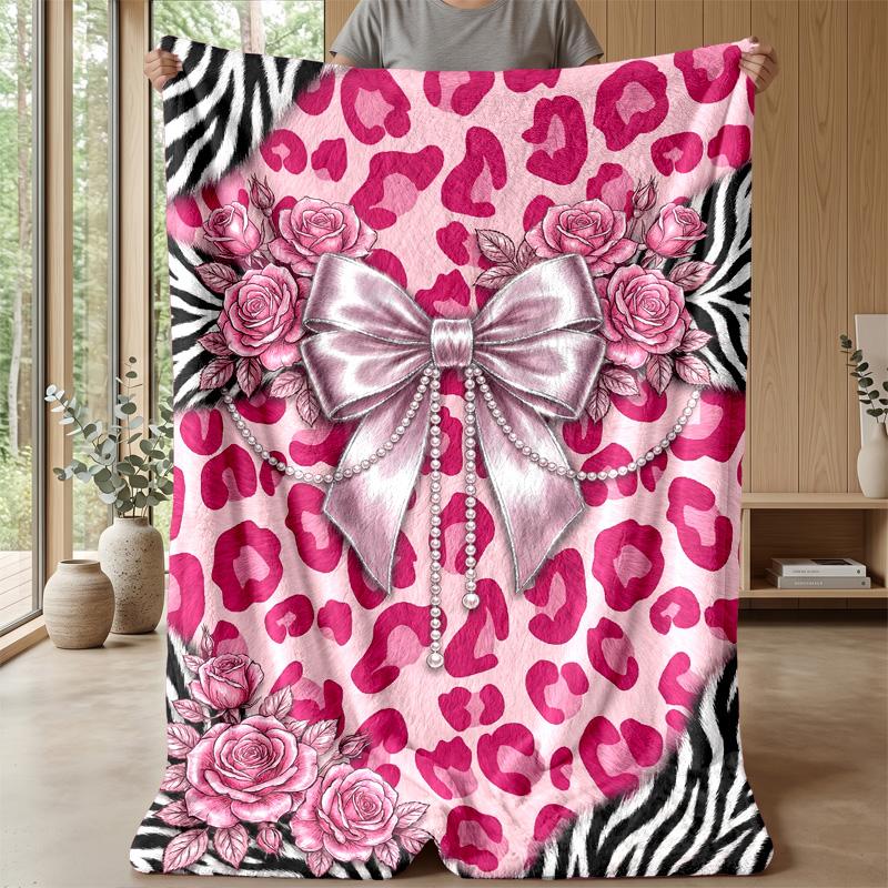 Pink Leopard Roses Bow Theme blanket Lightweight Warm Flannel Blanket Decorative Throw Blanket for Home Decoration