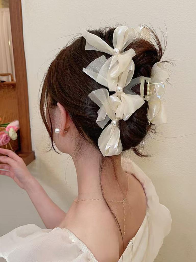 Spring and summer Korean sweet and elegant pearl organza bow grab clip, gentle temperament large pan hair grab clip shark clip