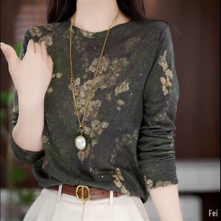 

2025 Spring/Fall Women s Fashionable Age-Reducing Long-Sleeve T-Shirt - Versatile and Loose Fit for Mothers 2XL (125-140 Jin)