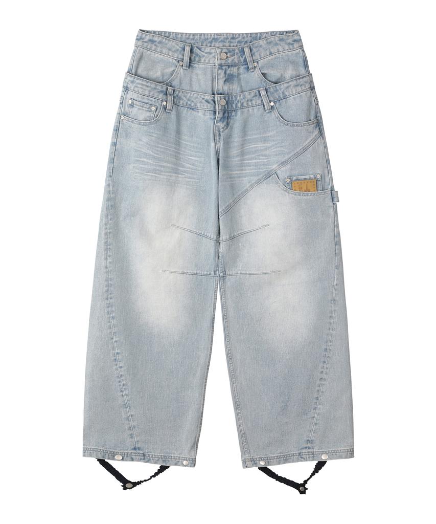 Lujeoseukeulleob Layered Leather Patch Curved Wide Denim Pants Light Blue