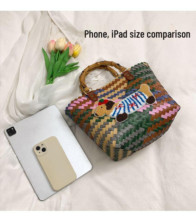 Dackel Welpe Gewebte Handtasche mit Bambusgriff Vintage Strandtasche