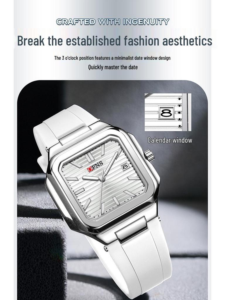 OFNS Luminous Square Steel Band Quartz Watch with Calendar