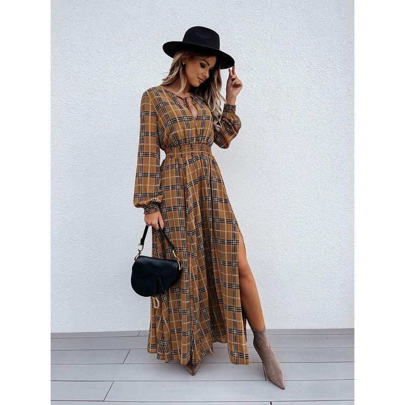 Dress European and American Style Grid Slim Long Sleeve Dress