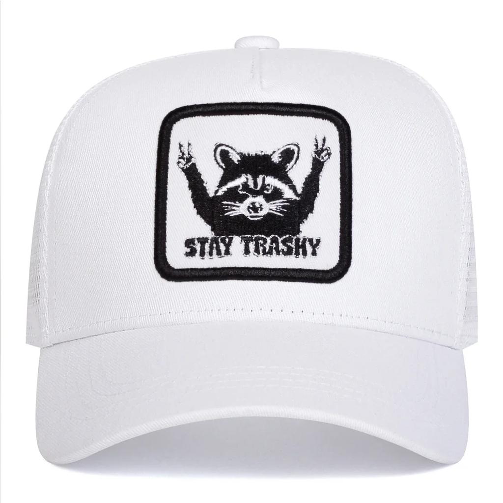 Unisex STAY TRASHY Raccoon Embroidery Baseball Net Caps Spring Summer Outdoor Adjustable Casual Hats Sunscreen Hat Sports Cap