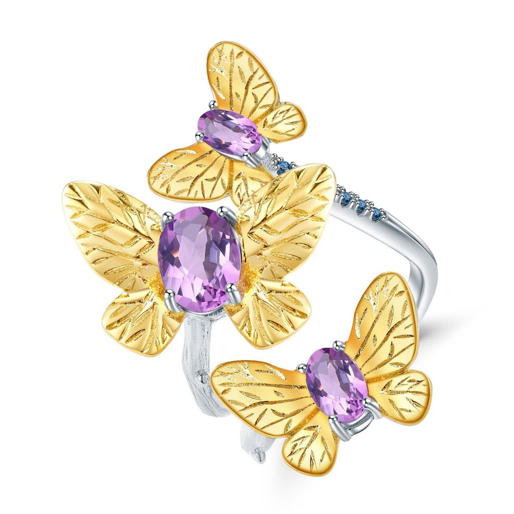 Original Designer High-end Gemstone Ring, Natural Butterfly Design 925 Silver Natural Amethyst Open Ring