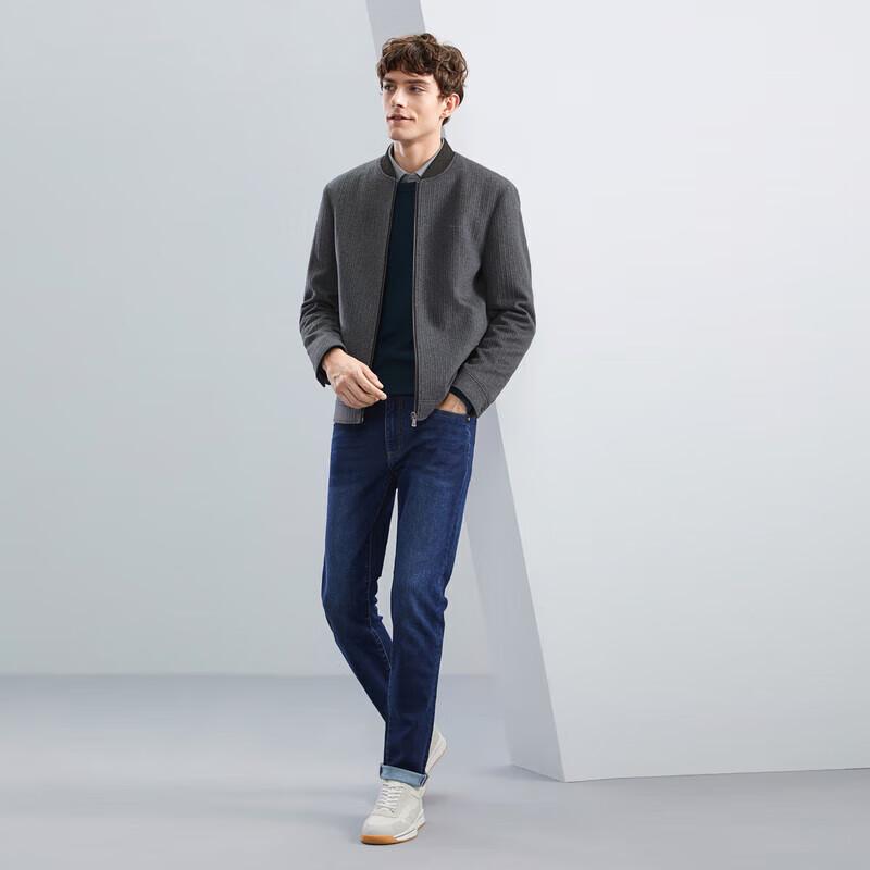 Qipai Herren Woll-Baseballjacke mit Streifenstruktur