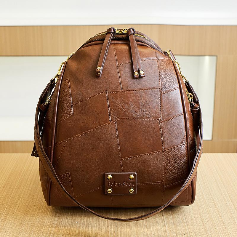 This year s popular women s backpack 2026 new model, large-capacity lightweight backpack for women, commuter travel bag, casual shoulder bag Patchwork leather-Brown