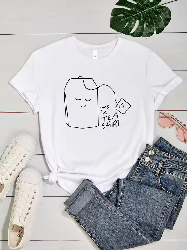 Tea Shirt Print T-Shirt, Funny Print Short Sleeve Crew Neck Casual Top For Spring & Summer, Women's Clothing