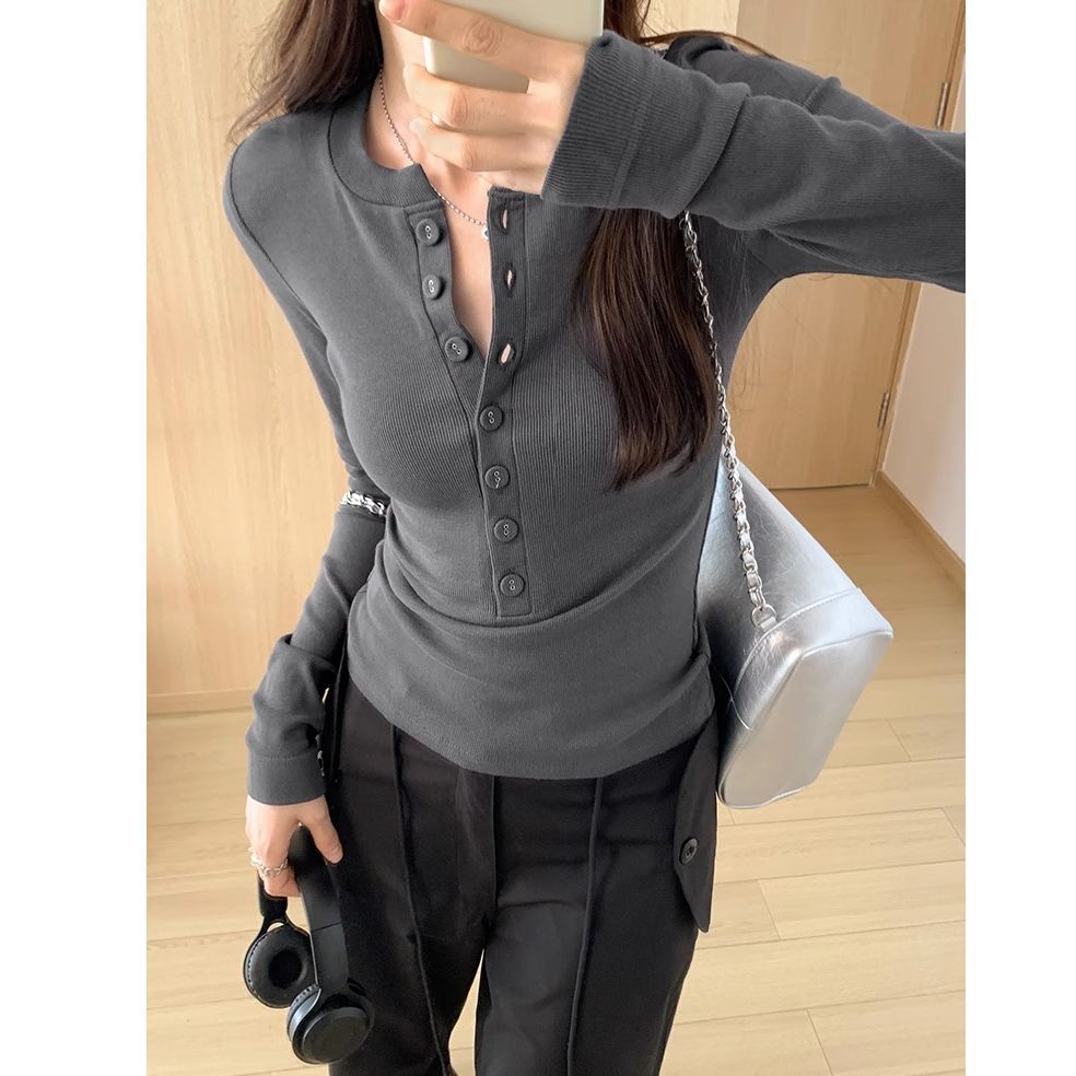 Pure Slim Fit Inner Long-sleeved T-shirt for For Women New Autumnal and Spring New Design, Shoulder-oriented Sexy Button Base Shirt