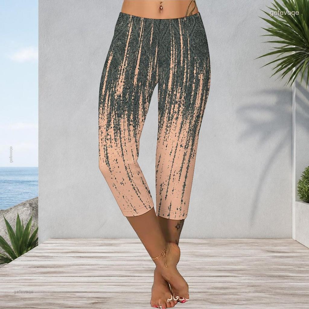 Womens Plus Size High Waist Capri Length Leggings Abstract Vertical Gradient Print Soft Stretchy Casual Workout Cropped Pants