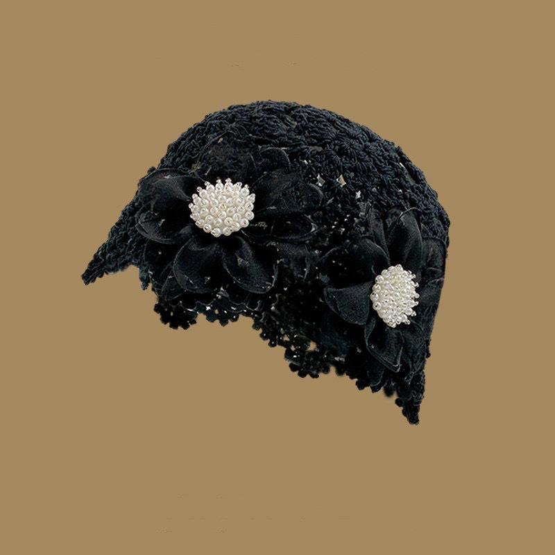 Summer thin hollow pearl flower handknitted headgear female sweet cute niche hat