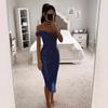 Damen schulterfrei kurzärmliges Midi-Kleid schmale Passform hohe Taille einfarbig Pailletten gerafft Bodycon Kleid