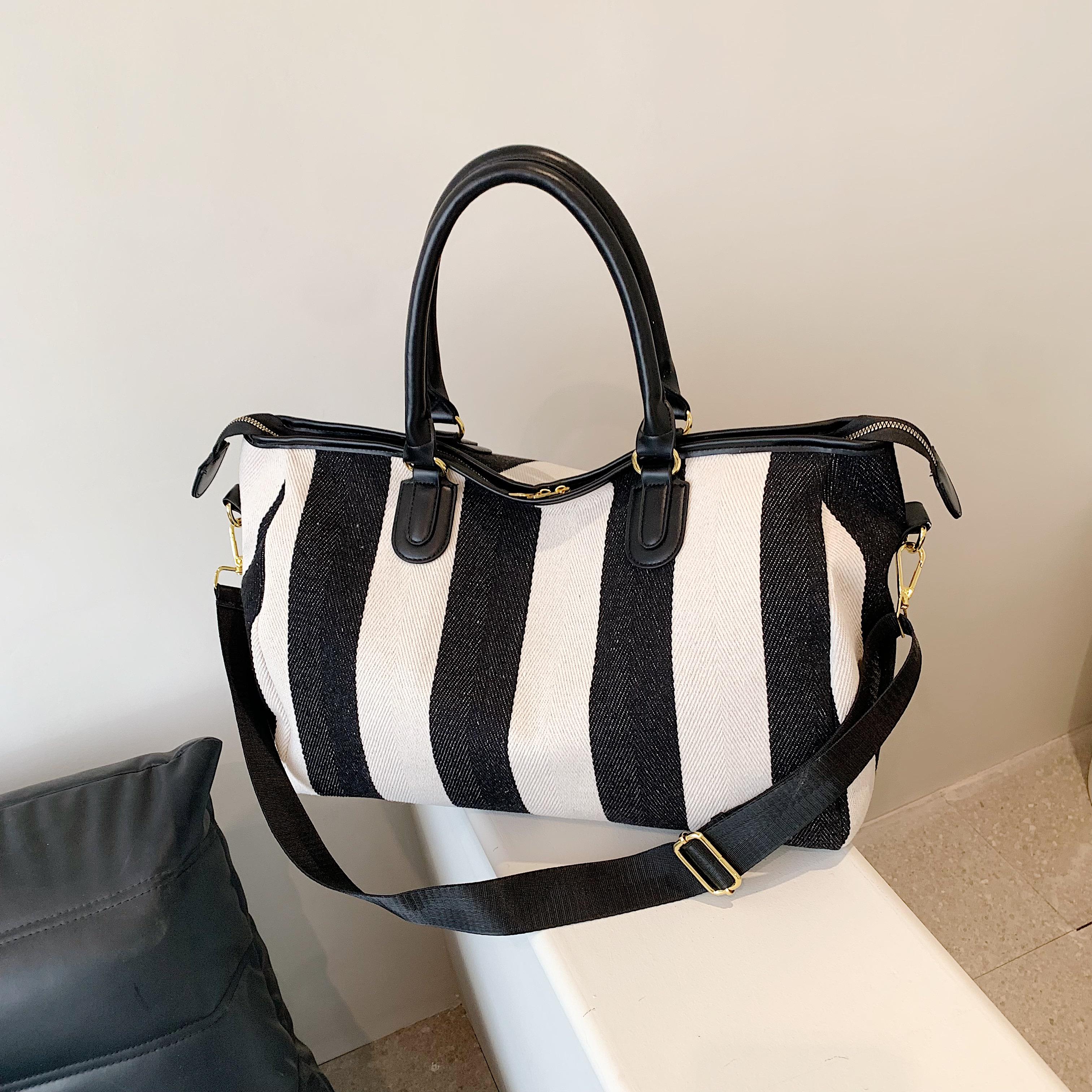 

Женская сумка через плечо и руку, черная и белая полосатая, большая вместительная повседневная сумка