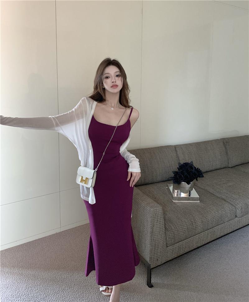 Suspender dress women's medium and long spring new design sense niche skirt slim hip skirt long dress sweet hottie