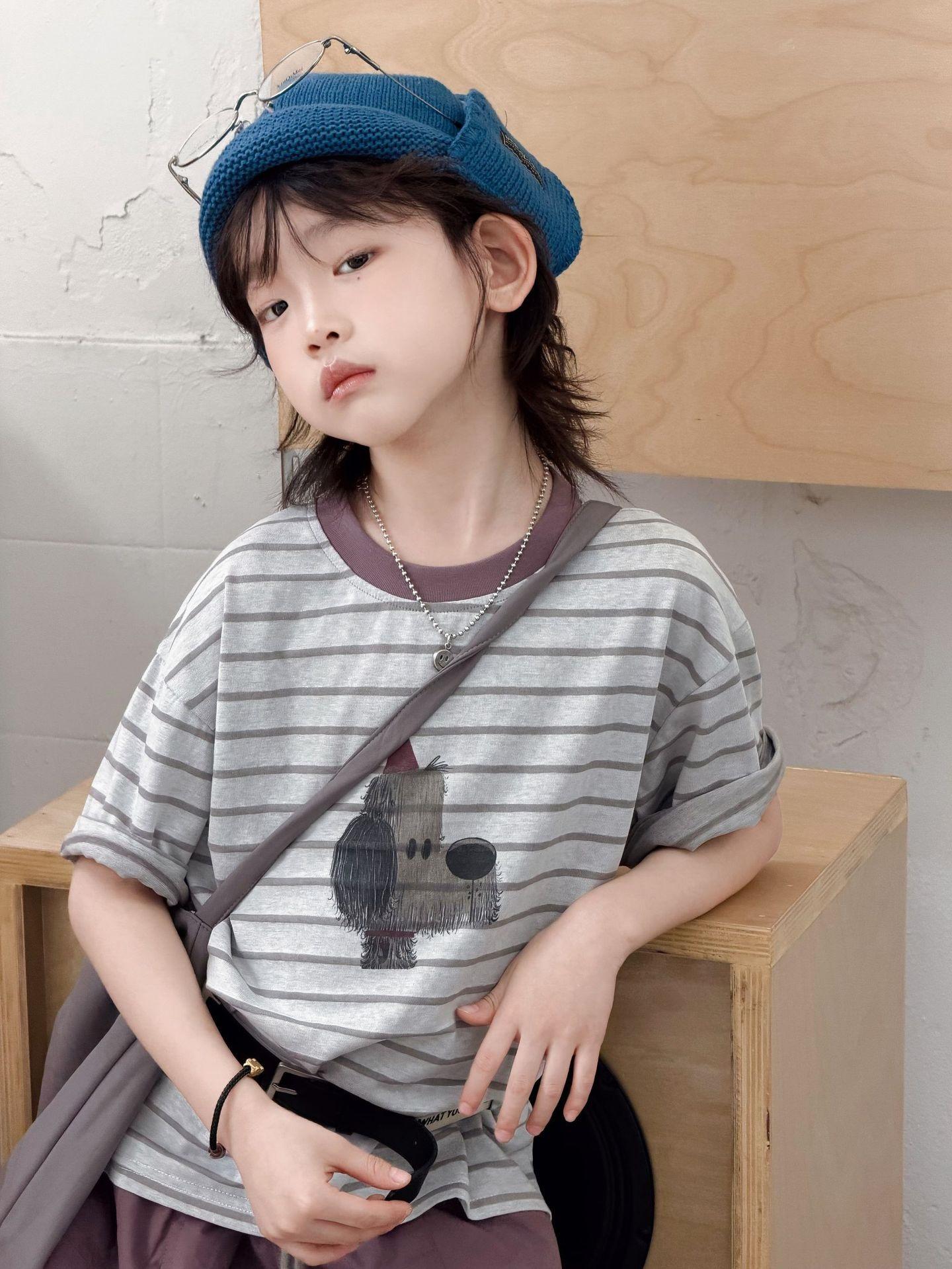 Size Large & Small - Boys Summer Striped Cartoon T-shirt, Short Sleeve 130 cm серый