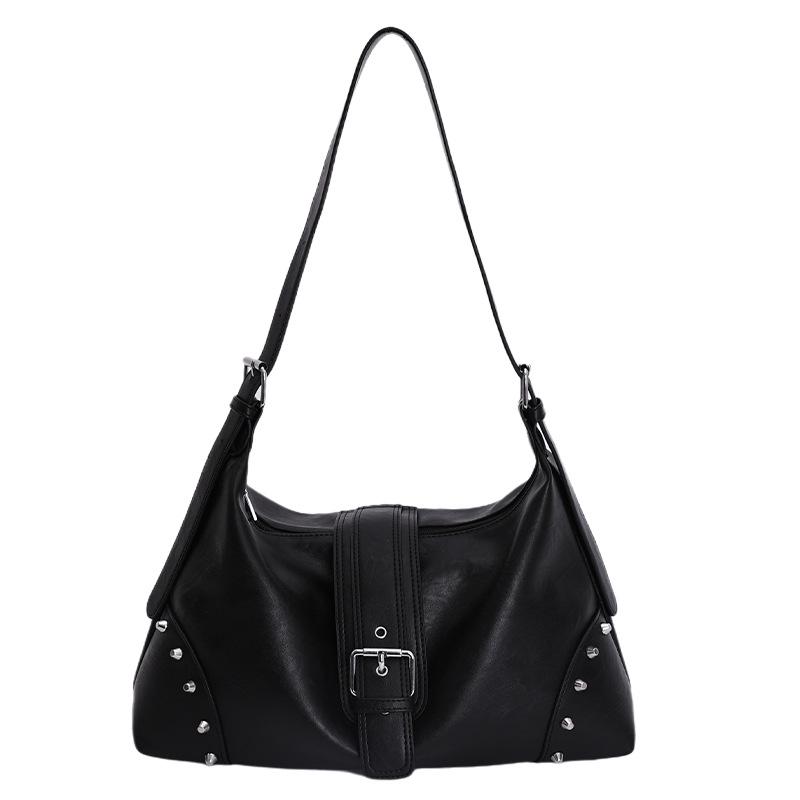 Women's Cross-Border Retro Motorcycle Bag with Rivet Decor & Belt Buckle - Stylish Single Shoulder Underarm Handbag