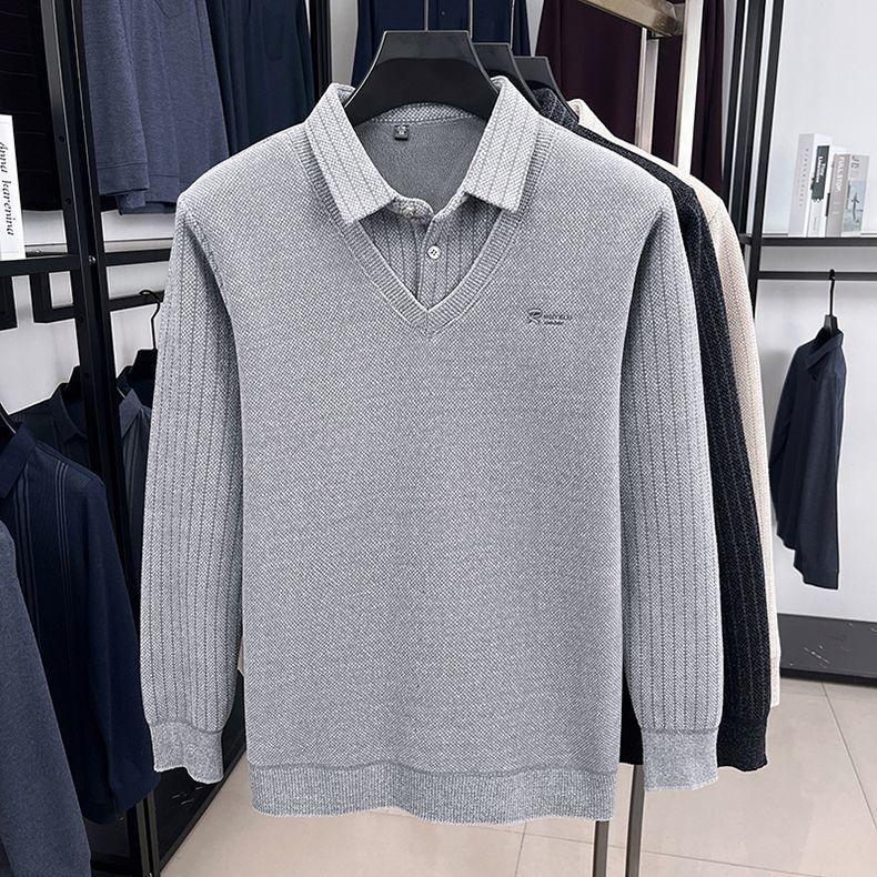 Mens Sweater Polo Collar Label Patchwork Stripes Plush Wool Liner Knitted Thickened Sweater Print Thermo Menswear