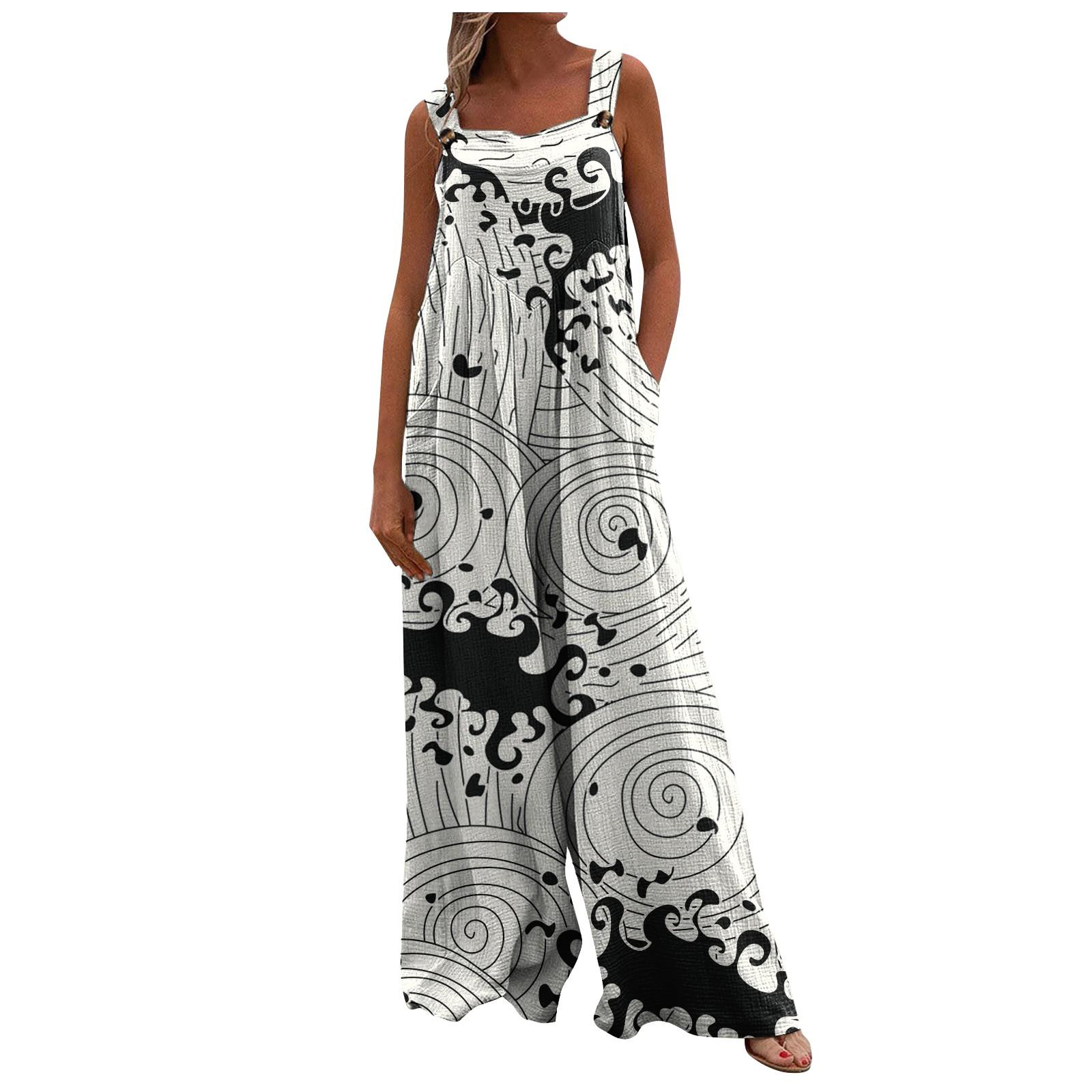 

Women s Casual Loose Printed Sleeveless Tank Top Jumpsuit Square Neck Gathered Wide Leg Jumpsuit With Pockets XXL білий