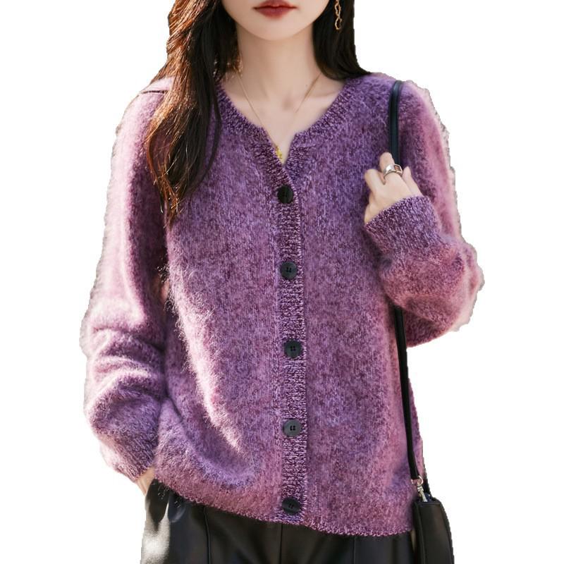 Luxurious Women's V-neck Cashmere Wool Blend Loose Brushed Cardigan in Marled Yarn Style