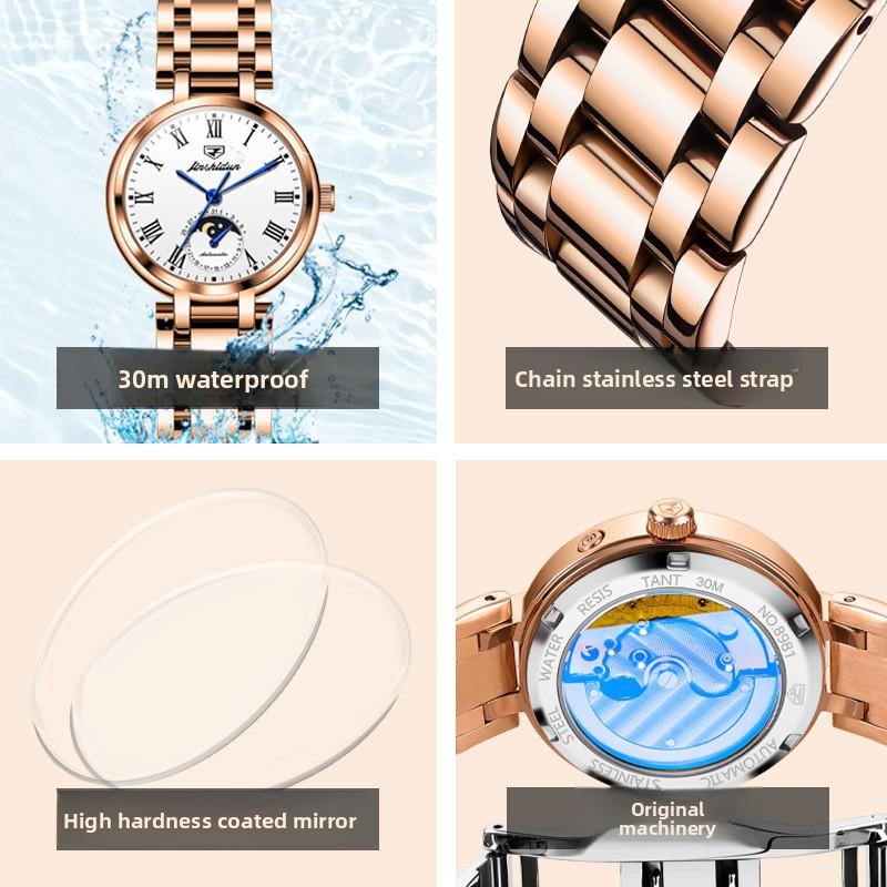 JINSHIDUN Watches, Fashionable Moon Phase Calendar, Multi-functional Mechanical Watches, Luminous Ladies' Watches