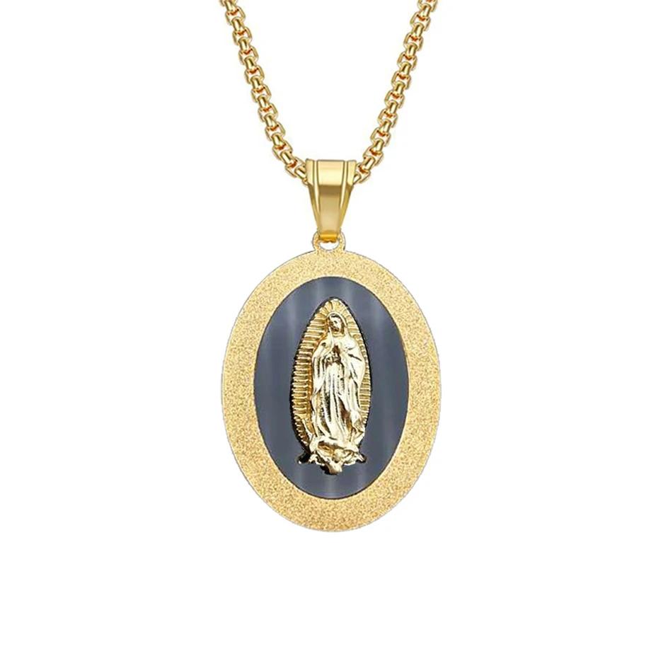 

Virgin Mary Pendant Necklace Stainless Steel Men Christian Jewelry Lady of Guadalupe Miraculous Oval Medal Necklace 60cm