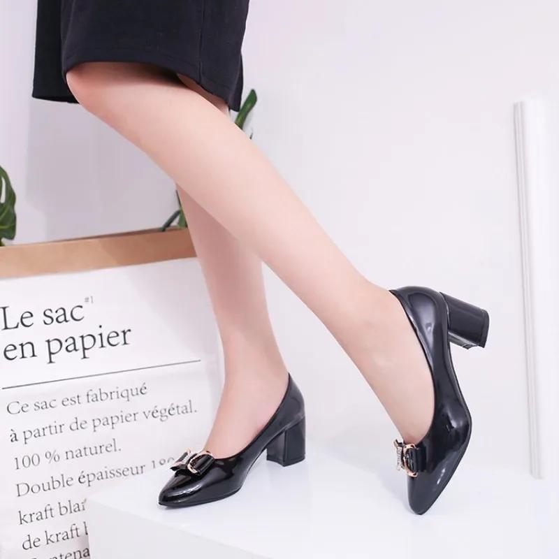 Fashion Spring/autumn Women's Shoes Soft Bottom Bow Round Headed Shallow Mouth Mid-high Heels Work Shoes Available in All Seasons