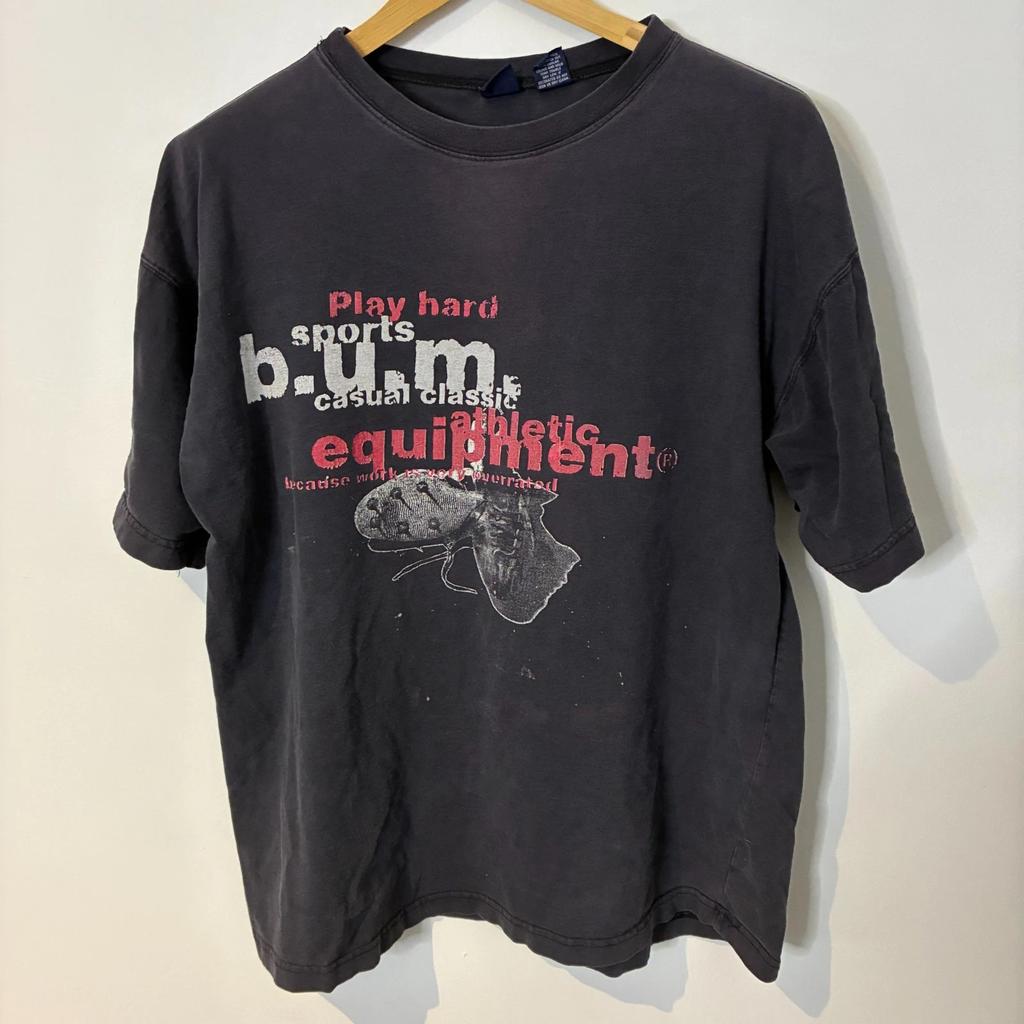 Vintage B.U.M Equipment Shirt Mens Medium Black Distressed Faded Thrashed
