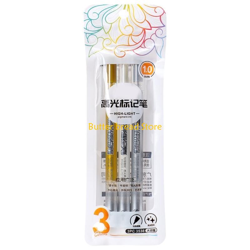 W89C 3Pcs Metallic Highlighter Pen Gold Silver White Highlighter Pen Lining Pen China Mainland
