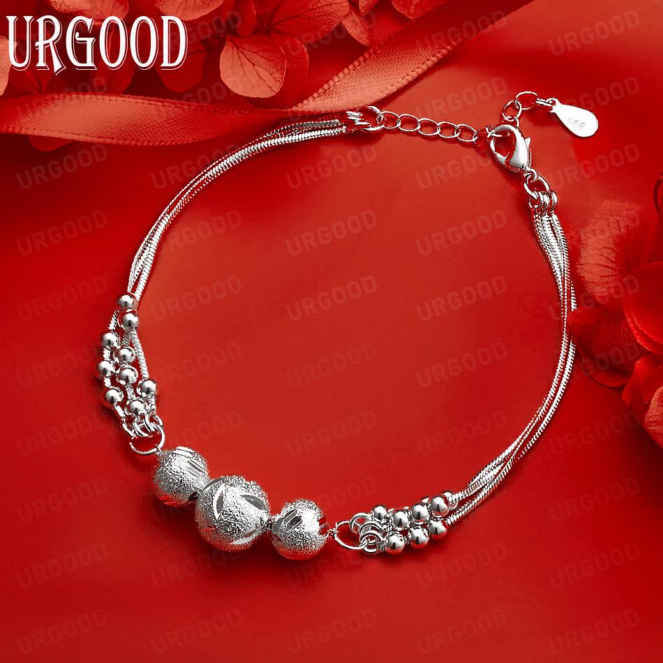 925 Sterling Silver Snake Chain Bead Bracelet Wedding Gift Jewelry 20CM