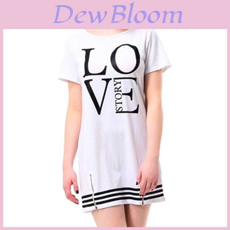 Elegant Sports Women Letter Love Printed Long T-shirt One-piece Casual Dress Zipper