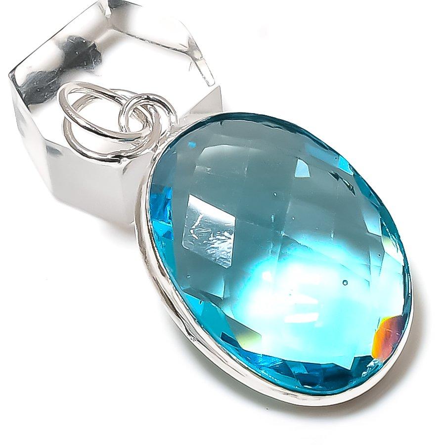 Blue Topaz Gemstone Handmade 925 Sterling Silver Jewelry Pendant 1.89" n2Z26