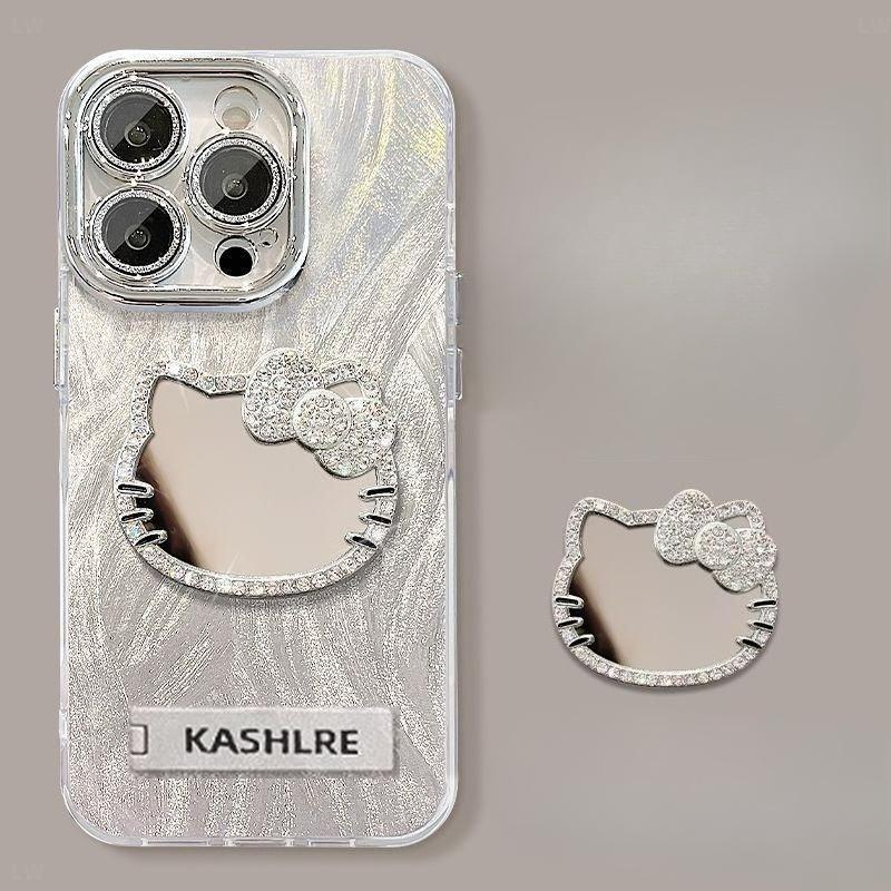Fine Hole Flashing Powder Feather Yarn Suitable for Apple 16 Mobile Phone Case KT Cat with Mirror Iphone15promax Protective Case 14