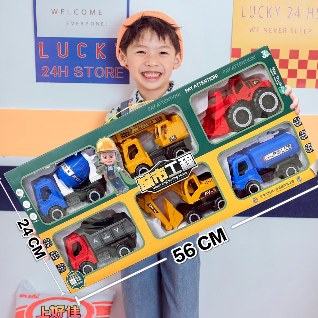 Construction Truck Fire Truck Inertia Pull Back Truck Set Gift Box Excavator Bulldozer Model Boy Toy