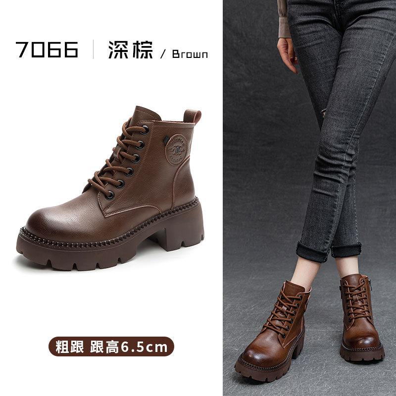 Autumn and winter platform Martin boots women's 2025 explosion leather high-heeled short boots versatile boots brown thin knight boots