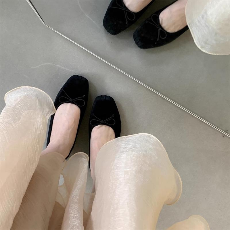 Fashion Flat Shoes for Women Spring and Autumn 2024 New Square Toe Bow Shallow Square Solid Color Large Size 43 44 Loafers Ladies Shoes