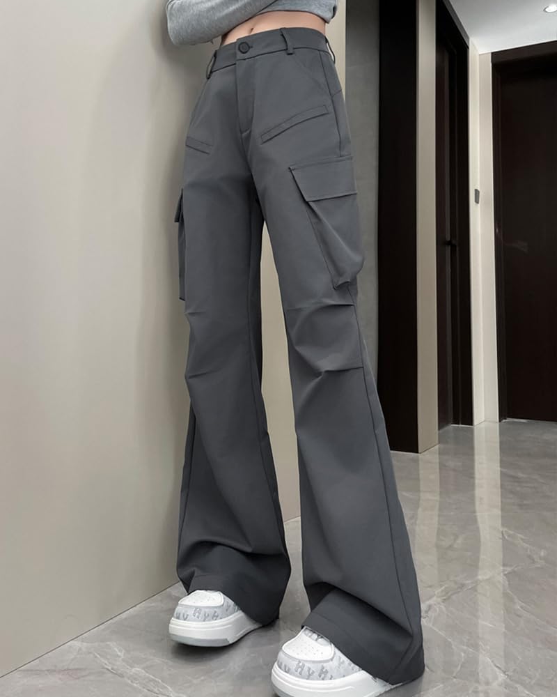 MTUIOY Cargo Street High Fall Gray XL Women's Pants, Flared, Style, Casual, Stretch, Lightweight, Waist, Spring, Summer, - -