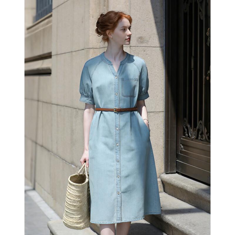 Demana Denim Cloud Cotton Round Neck Belted Dress L