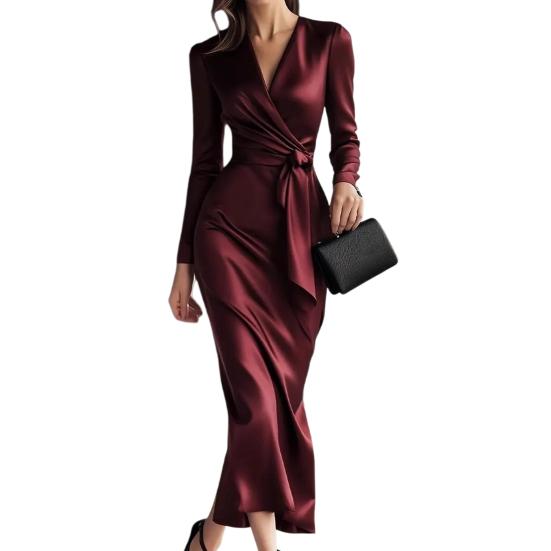 

Жіноча сукня-халат міді з атласу, шовковиста, з довгим рукавом, V-подібним вирізом, на поясі, офіційна сукня, для коктейльної вечірки, сукня для гості на весілля S вина червоного кольору