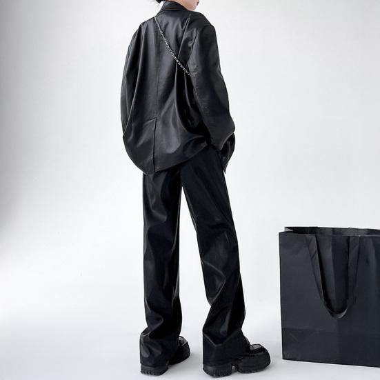 Women Spring Pants High Waist Wide-Leg Imitation Leather Trousers with Pockets Solid Color Straight Wide Leg Pants