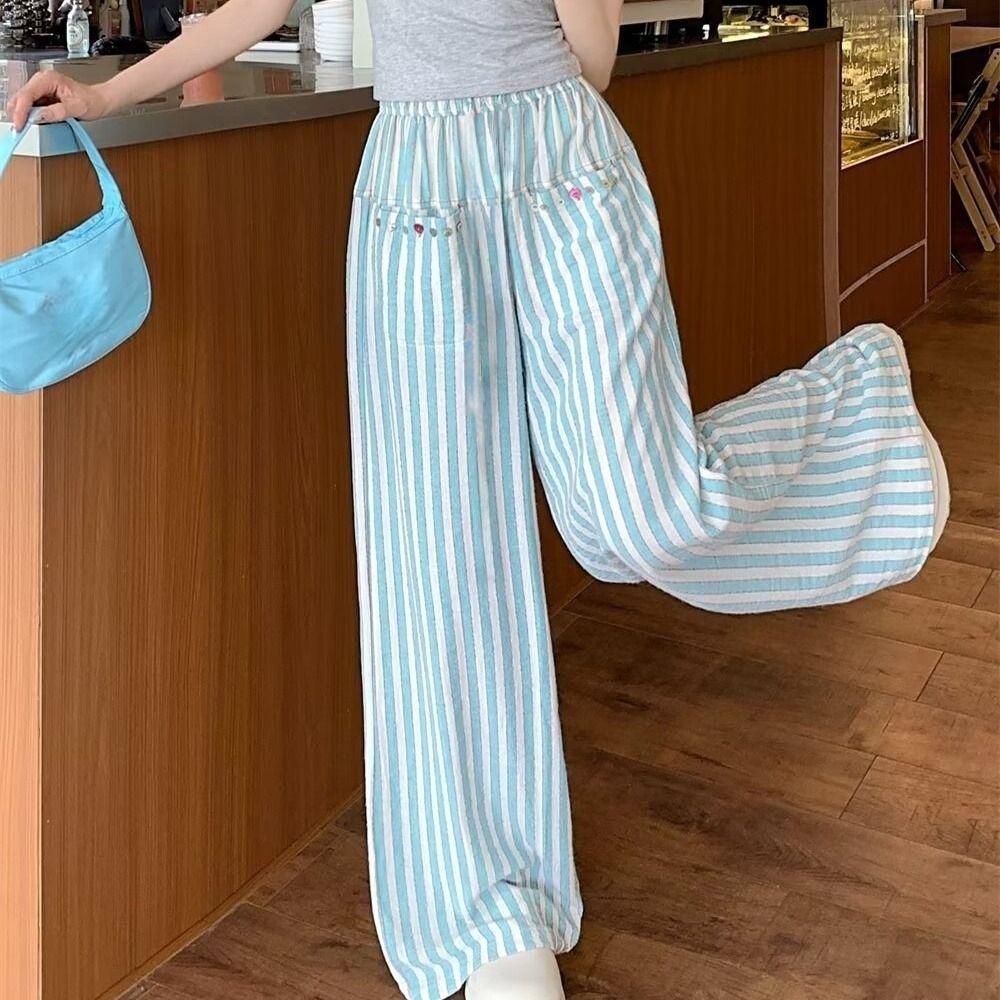 Loose Wide Leg Pants Chic Straight Leg Pants Sweet Casual Stripe Long Pants  Women