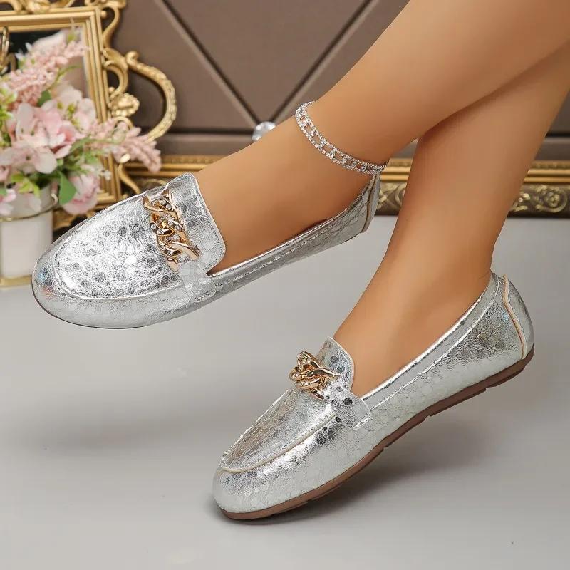 2024 Neue Schuhe Damen Ein Tritt Damen Ballerinas Herbst Runde Zehenkette Einfarbig Weiche Sohle Lässig Bequem Große Größe Ballerinas Schuhe