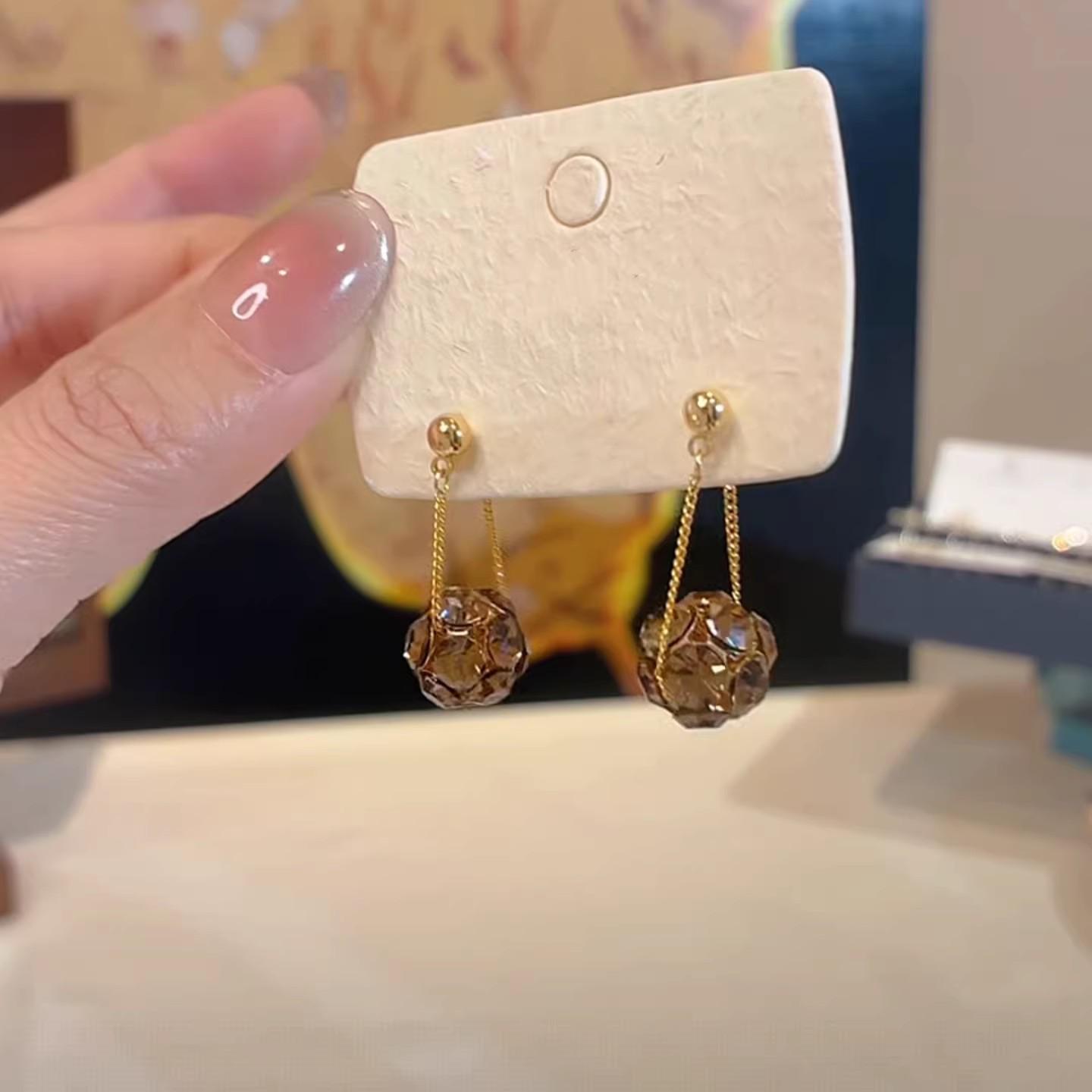Elegant French Rhinestone Tassel Earrings: Two-Way Brown Ball Design, Light Luxury, Versatile Studs