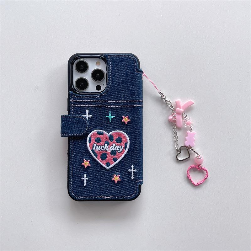 Apple 17promax denim flip phone case iphone16 lanyard love 15 for 14 embroidered protective case