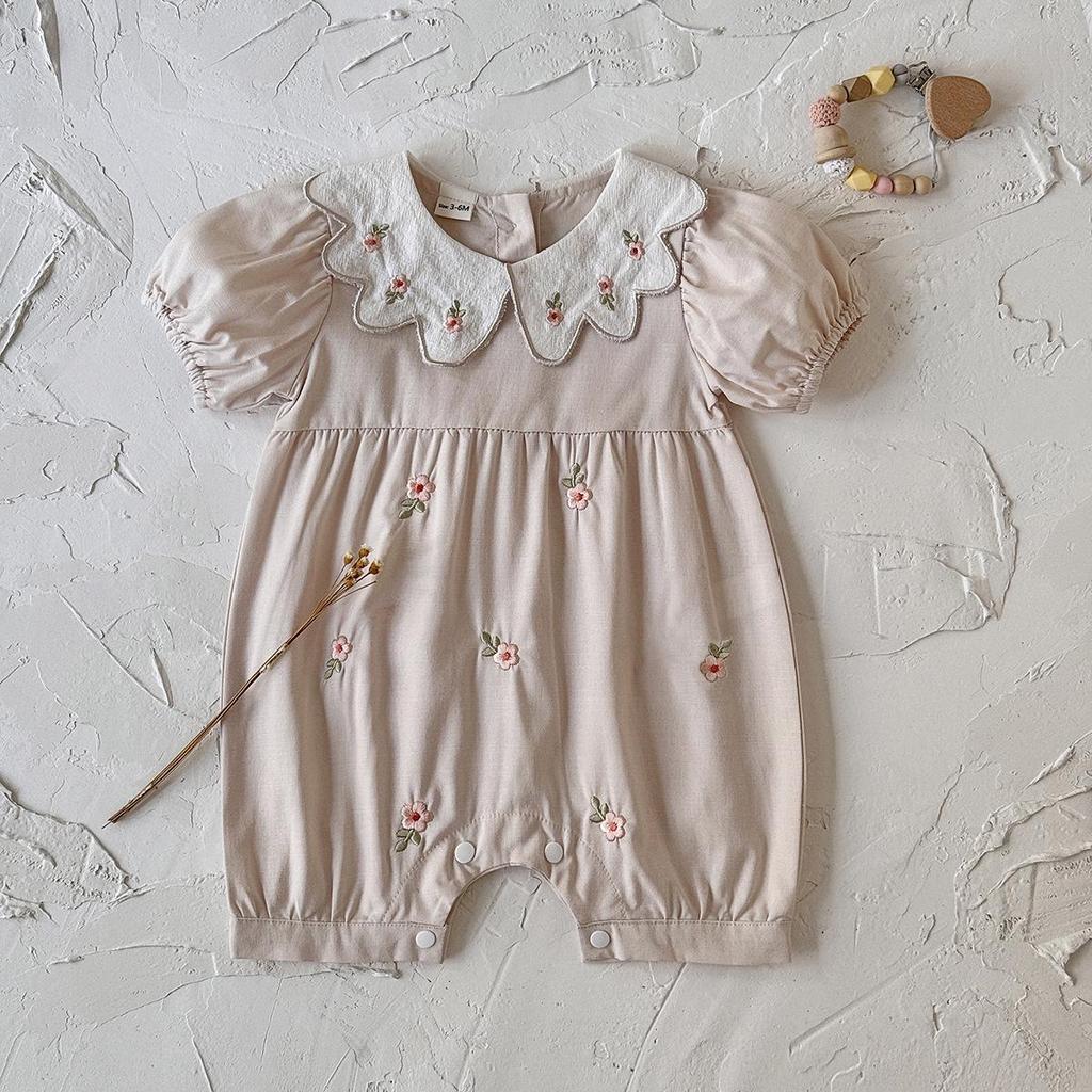 Floral Print Khaki Newborn Romper with Doll Collar - Summer Outdoor Jumpsuit
