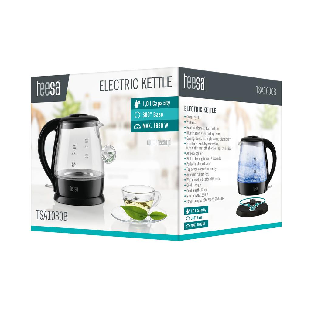 Cordless Electric Kettle, Glass, Black, 1630W, 1L, Teesa
