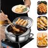 Japanese Tempura Small Stainless Steel Tempura Pan with Thermometer, Lid, and Oil Drip Filter Rack, Suitable for French Fries, Chicken Wings, and Shri