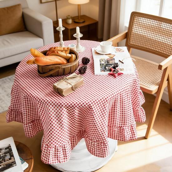 Tablecloth Farmhouse Style Plaid Pattern Ruffled Edge Tablecloth Round Shape Soft Cotton Linen Fabric Cloth Table Cover
