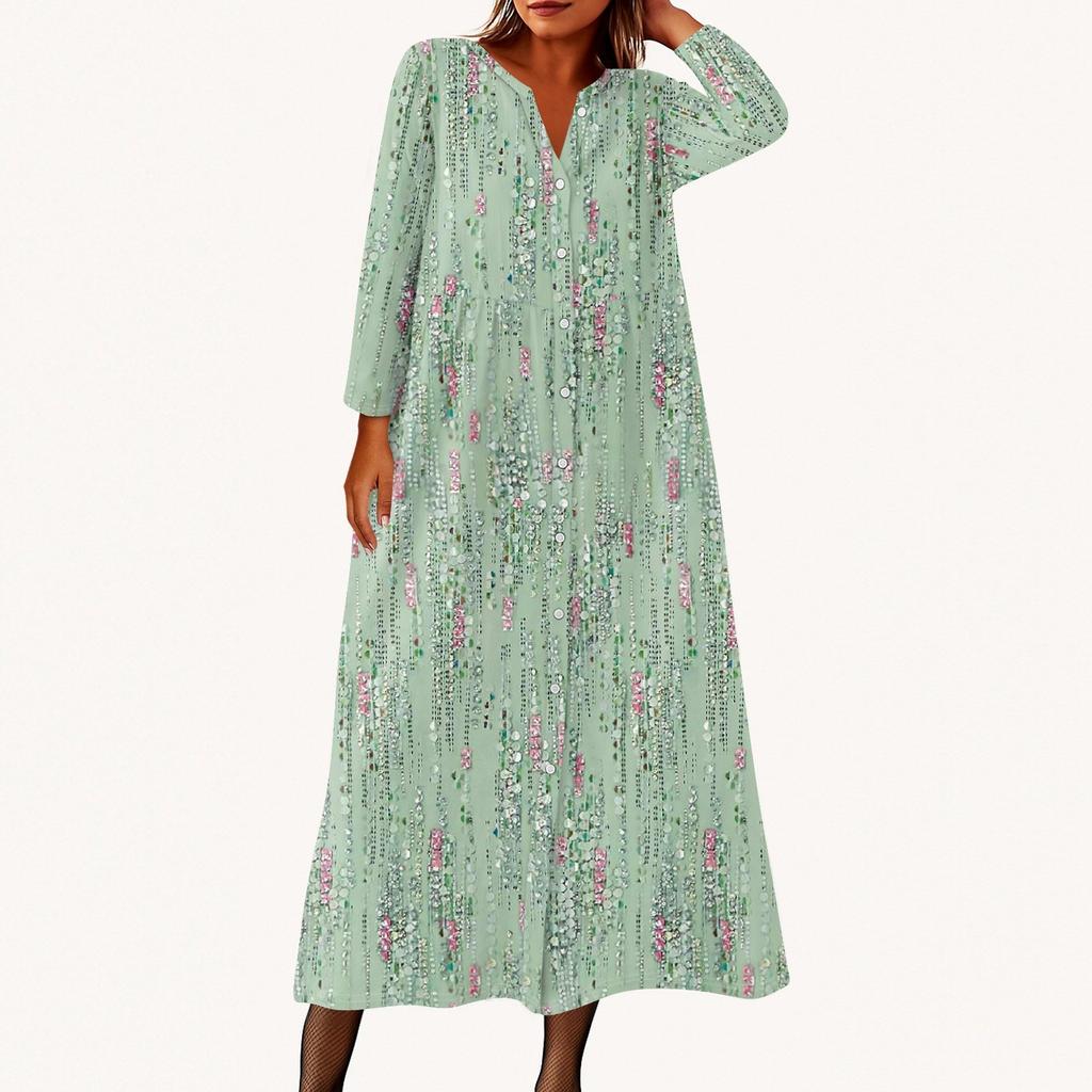 Dámské módní tištěné kulaté sedmiminutové rukávy knoflíkové volné košilové šaty